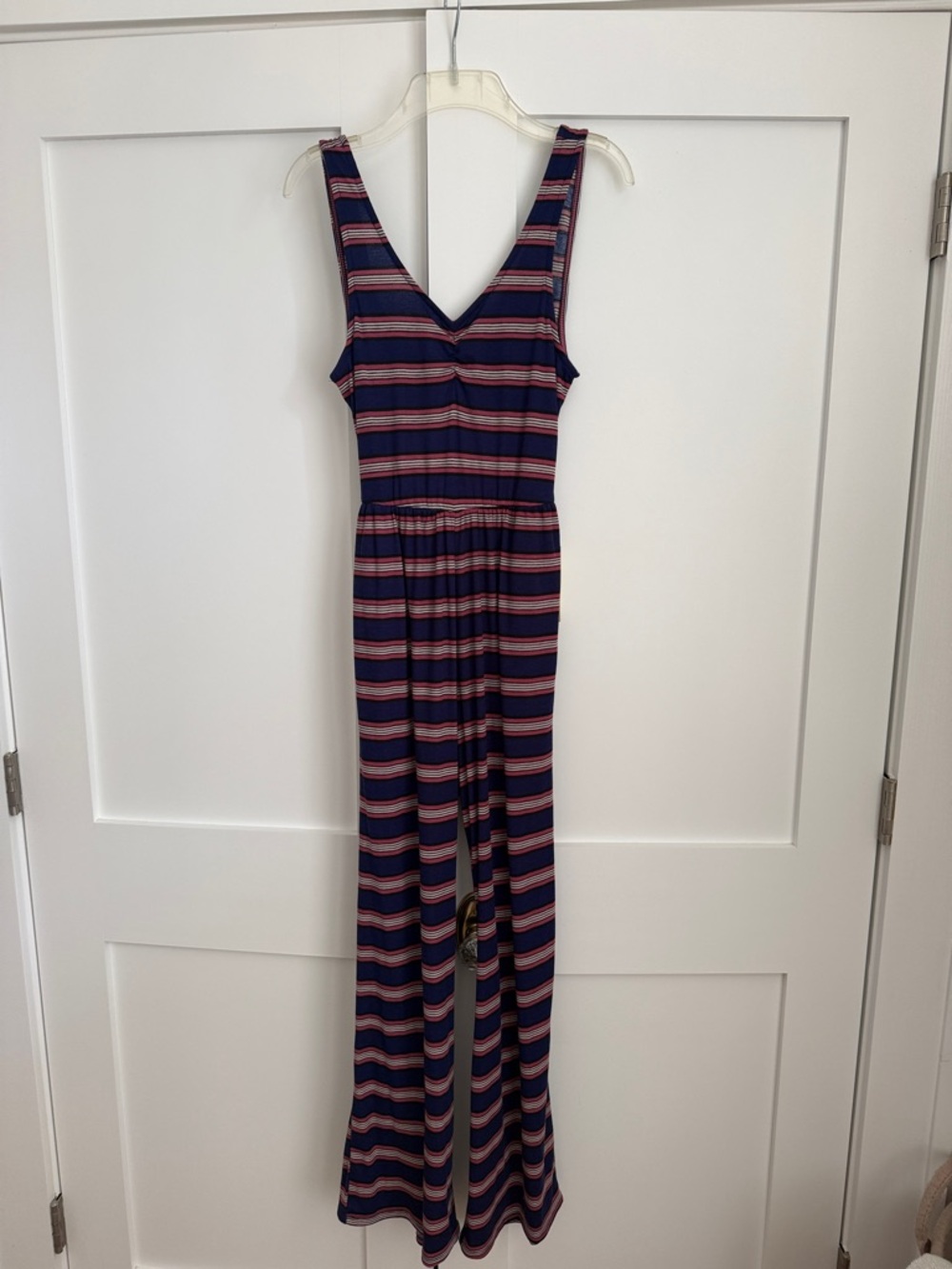 Sleeveless Navy & Pink Striped V-Neck Jumpsuit